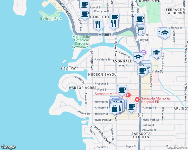 map of restaurants, bars, coffee shops, grocery stores, and more near 1231 South Orange Avenue in Sarasota