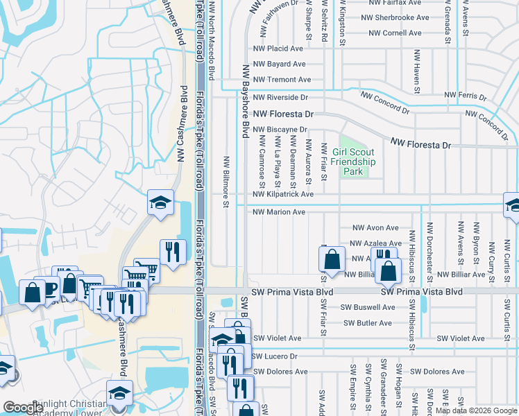 map of restaurants, bars, coffee shops, grocery stores, and more near 665 Northwest Marion Avenue in Port St. Lucie