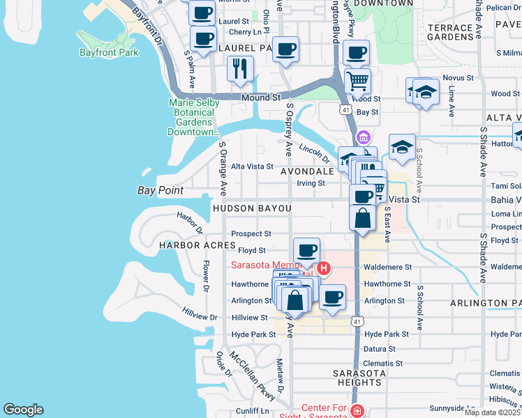 map of restaurants, bars, coffee shops, grocery stores, and more near 1222 Pomelo Avenue in Sarasota