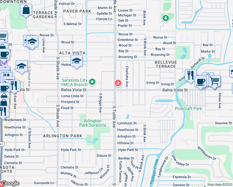 map of restaurants, bars, coffee shops, grocery stores, and more near 2800 Bahia Vista Street in Sarasota