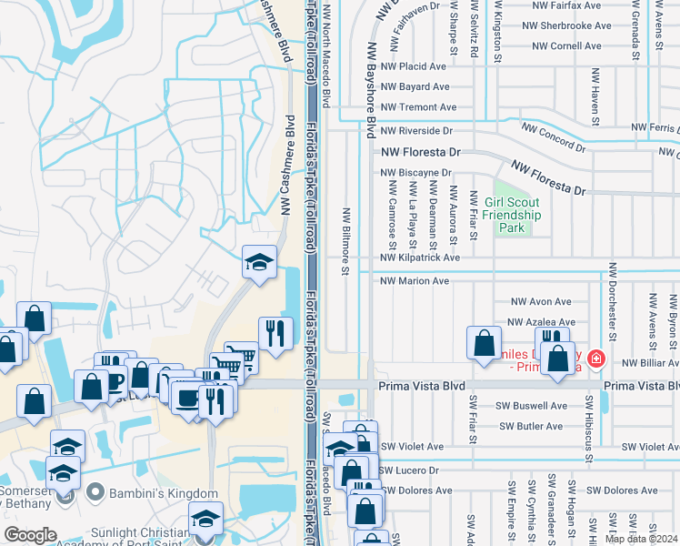 map of restaurants, bars, coffee shops, grocery stores, and more near 286 Northwest Biltmore Street in Port Saint Lucie