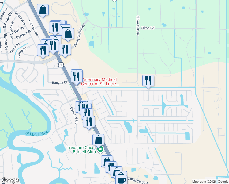 map of restaurants, bars, coffee shops, grocery stores, and more near 53 Mediterranean Boulevard North in Port St. Lucie