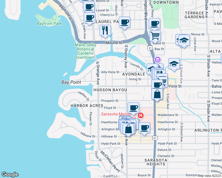 map of restaurants, bars, coffee shops, grocery stores, and more near 1222 Pomelo Avenue in Sarasota