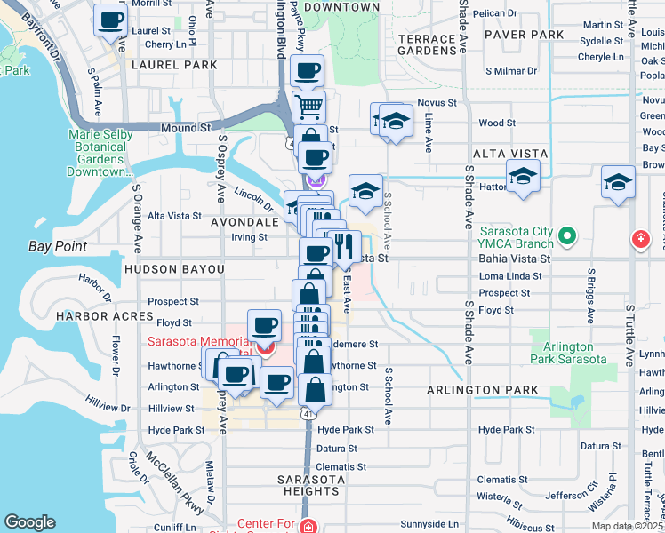 map of restaurants, bars, coffee shops, grocery stores, and more near 1281 South Tamiami Trail in Sarasota
