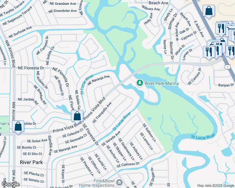 map of restaurants, bars, coffee shops, grocery stores, and more near 437 Southeast Tranquilla Avenue in Port St. Lucie