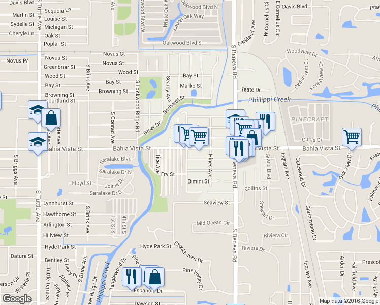 map of restaurants, bars, coffee shops, grocery stores, and more near 3404 Bahia Vista Street in Sarasota