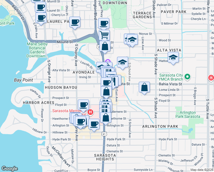 map of restaurants, bars, coffee shops, grocery stores, and more near 1155 South Tamiami Trail in Sarasota
