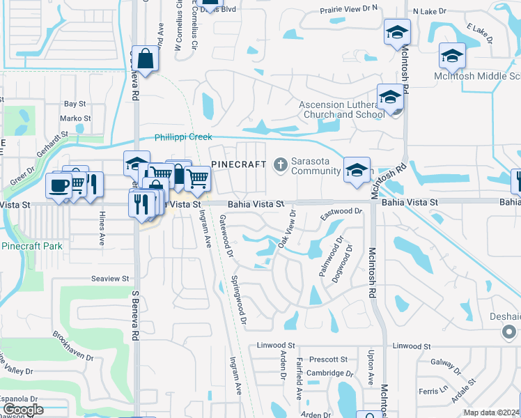 map of restaurants, bars, coffee shops, grocery stores, and more near 4001 Teakwood Lane in Sarasota