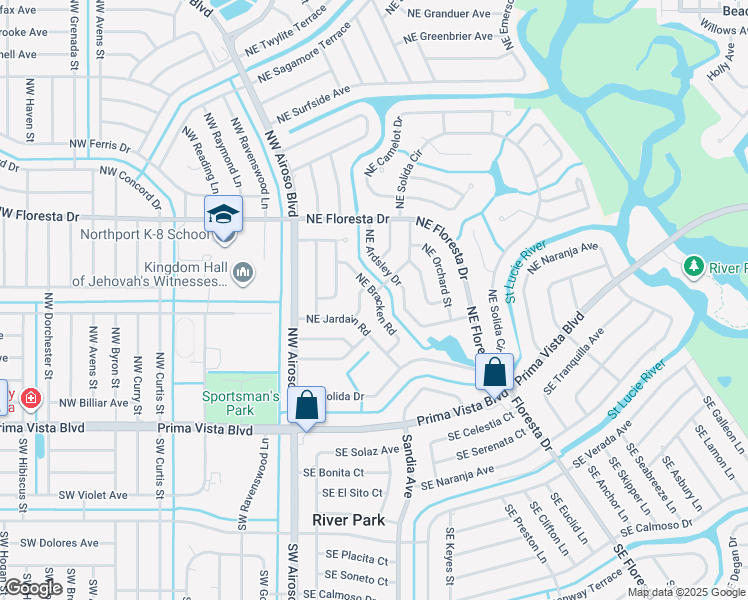 map of restaurants, bars, coffee shops, grocery stores, and more near 160 Northeast Bracken Road in Port St. Lucie