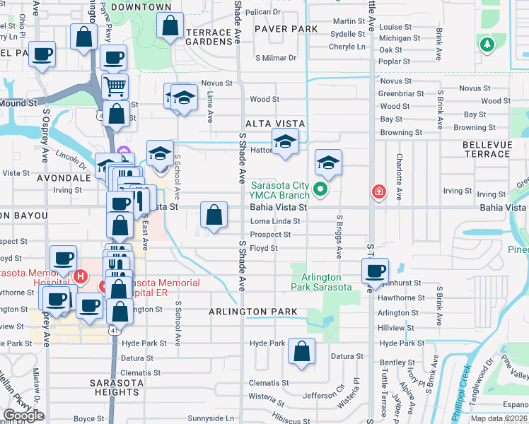 map of restaurants, bars, coffee shops, grocery stores, and more near 2440 Bahia Vista Street in Sarasota