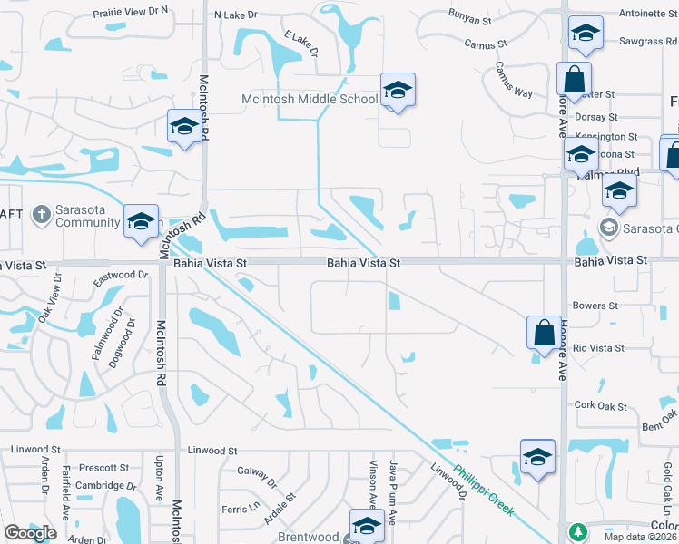 map of restaurants, bars, coffee shops, grocery stores, and more near 4605 Stone Ridge Trail in Sarasota