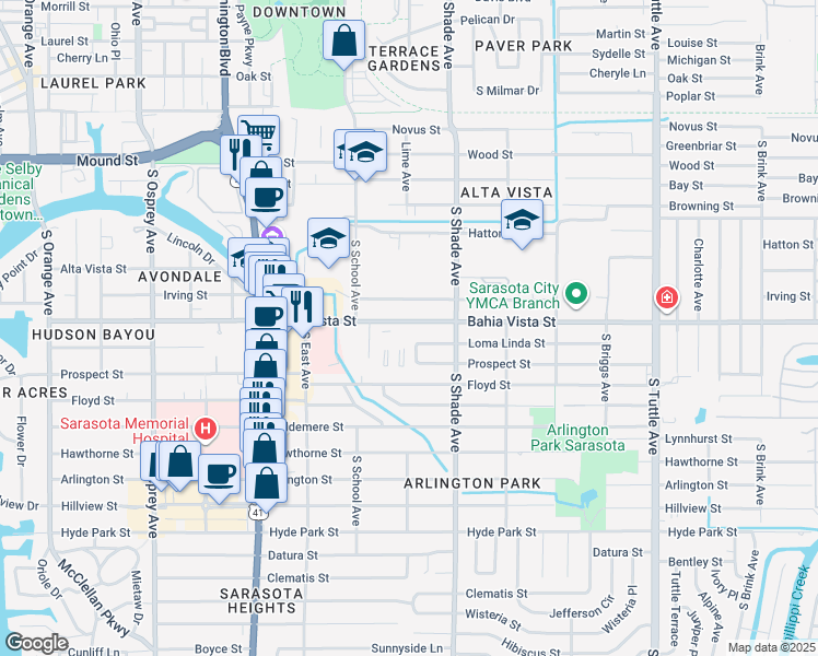 map of restaurants, bars, coffee shops, grocery stores, and more near 2304 Bahia Vista Street in Sarasota