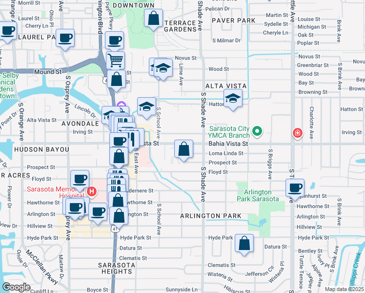 map of restaurants, bars, coffee shops, grocery stores, and more near 2304 Bahia Vista Street in Sarasota