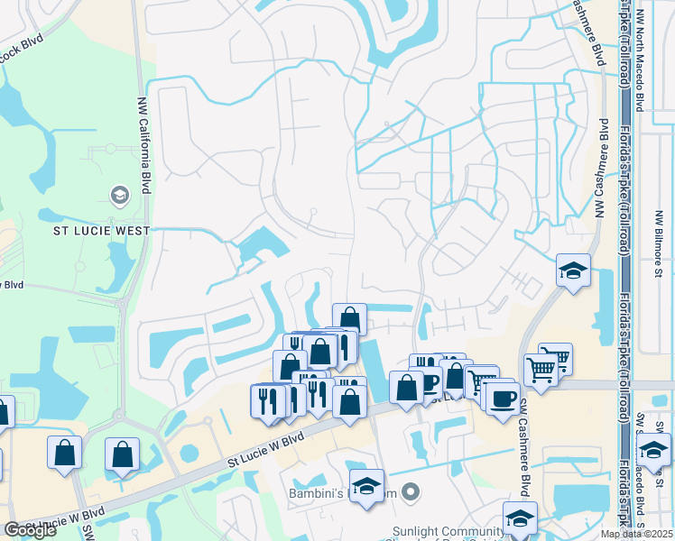 map of restaurants, bars, coffee shops, grocery stores, and more near 1246 Northwest Sun Terrace Circle in Port St. Lucie