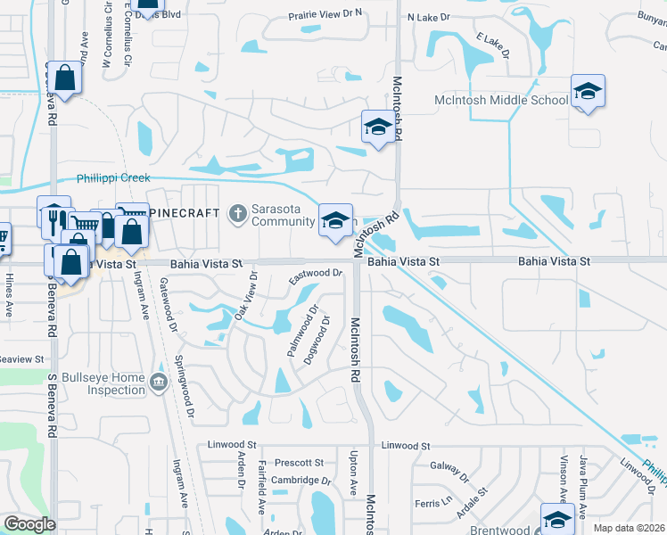 map of restaurants, bars, coffee shops, grocery stores, and more near 4293 Eastwood Drive in Sarasota