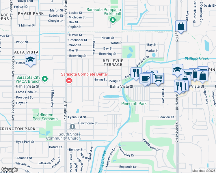 map of restaurants, bars, coffee shops, grocery stores, and more near Bahia Vista St & S Conrad Ave in Sarasota