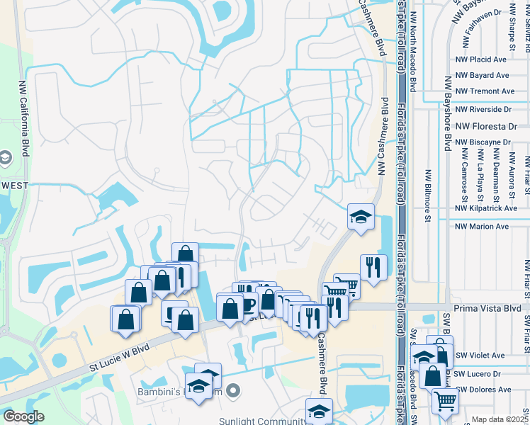 map of restaurants, bars, coffee shops, grocery stores, and more near 542 Northwest Lambrusco Drive in Port St. Lucie