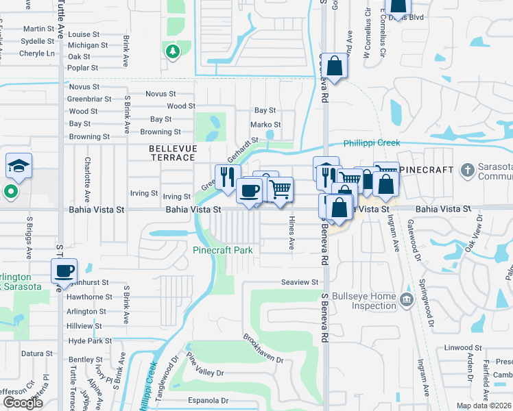 map of restaurants, bars, coffee shops, grocery stores, and more near 3404 Bahia Vista Street in Sarasota