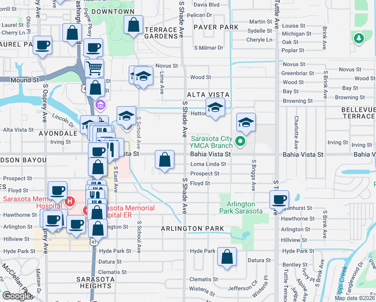 map of restaurants, bars, coffee shops, grocery stores, and more near 2440 Bahia Vista Street in Sarasota