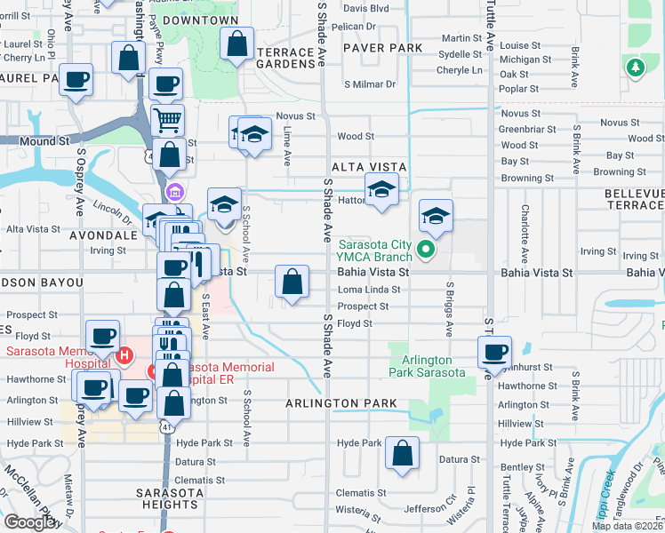 map of restaurants, bars, coffee shops, grocery stores, and more near 2440 Bahia Vista Street in Sarasota