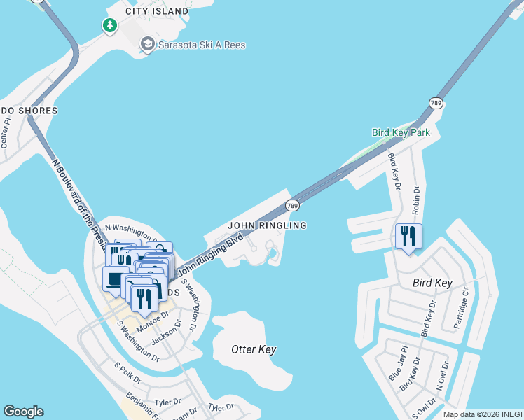 map of restaurants, bars, coffee shops, grocery stores, and more near 920 John Ringling Causeway in Sarasota