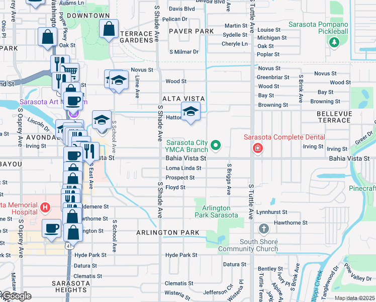 map of restaurants, bars, coffee shops, grocery stores, and more near 2526 Tami Sola Street in Sarasota