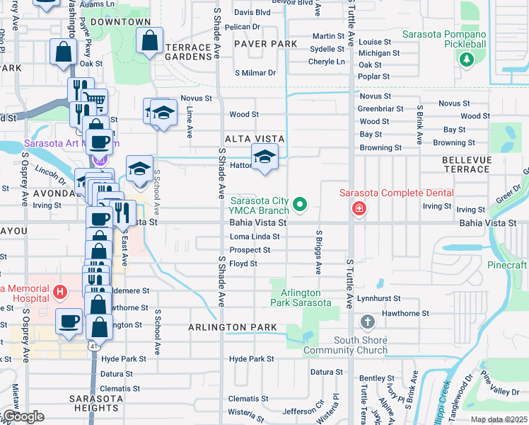 map of restaurants, bars, coffee shops, grocery stores, and more near 2526 Tami Sola Street in Sarasota