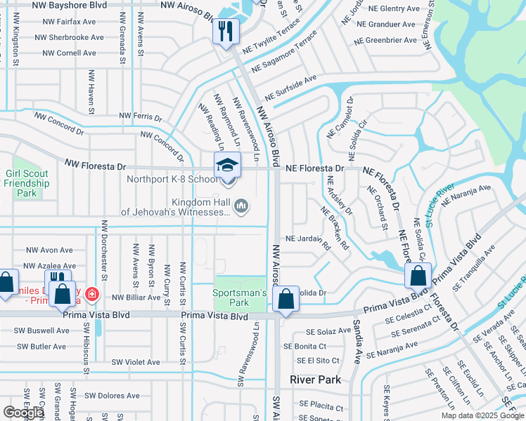 map of restaurants, bars, coffee shops, grocery stores, and more near 332 Northwest Airoso Boulevard in Port St. Lucie