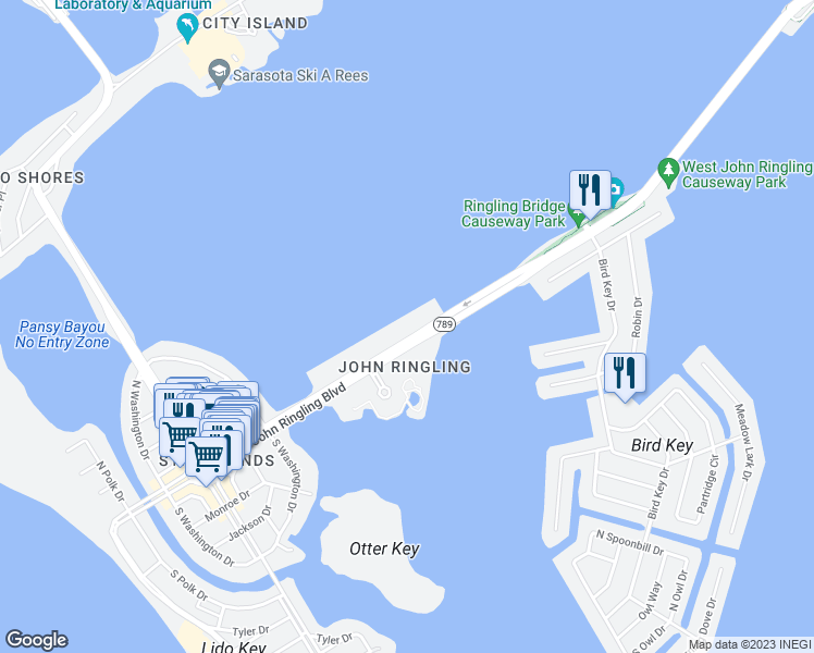 map of restaurants, bars, coffee shops, grocery stores, and more near 775 Florida 789 in Sarasota