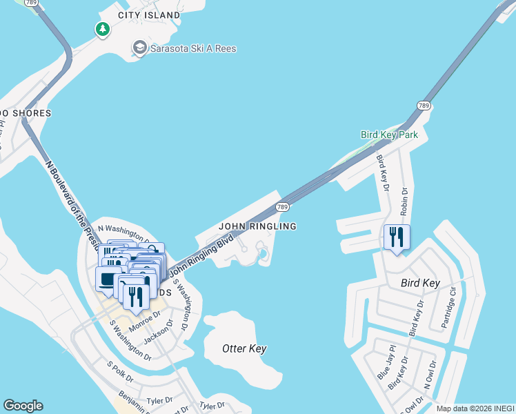 map of restaurants, bars, coffee shops, grocery stores, and more near 771 John Ringling Boulevard in Sarasota
