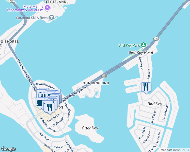 map of restaurants, bars, coffee shops, grocery stores, and more near 775 Florida 789 in Sarasota