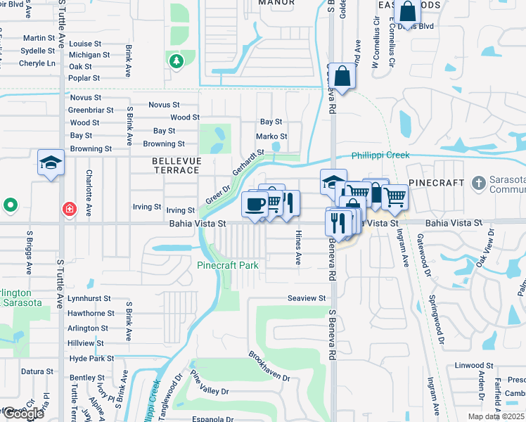 map of restaurants, bars, coffee shops, grocery stores, and more near 1027 Kaufman Avenue in Sarasota