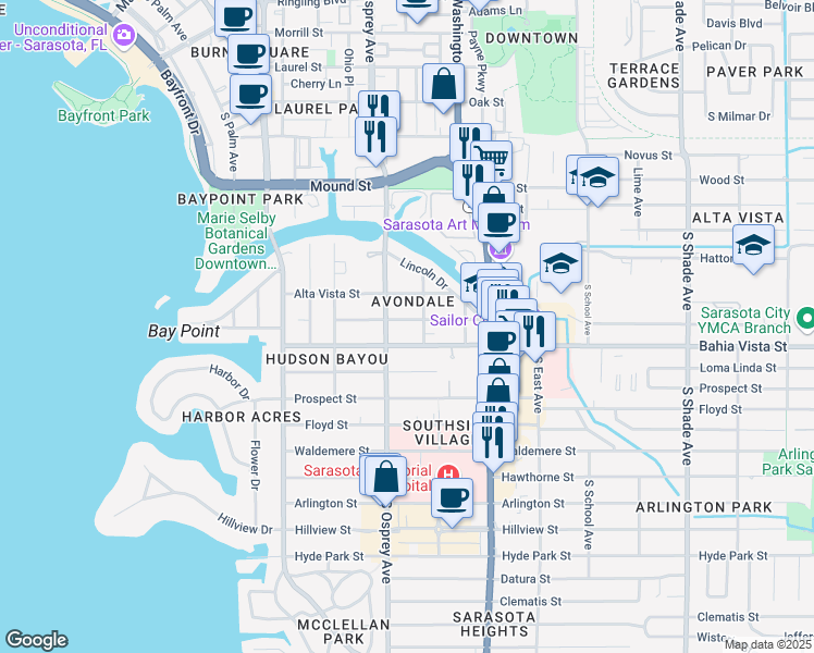 map of restaurants, bars, coffee shops, grocery stores, and more near 1838 Irving Street in Sarasota