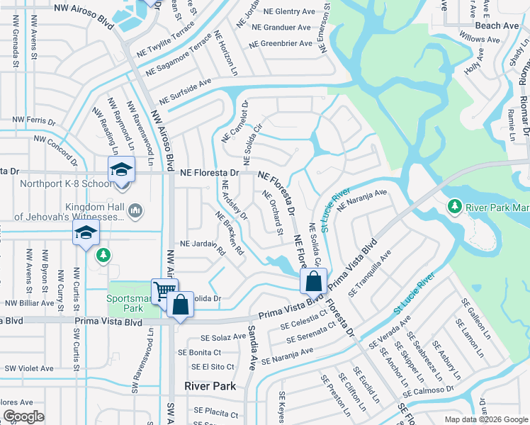 map of restaurants, bars, coffee shops, grocery stores, and more near 301 Northeast Surrey Street in Port St. Lucie