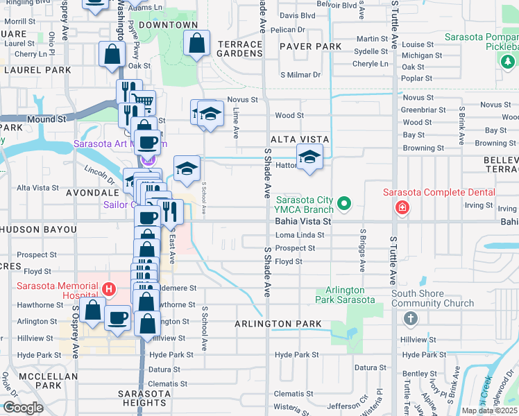 map of restaurants, bars, coffee shops, grocery stores, and more near 2374 Tami Sola Street in Sarasota