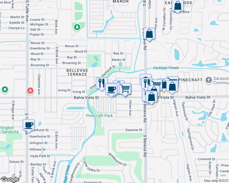 map of restaurants, bars, coffee shops, grocery stores, and more near 1110 Kaufman Avenue in Sarasota