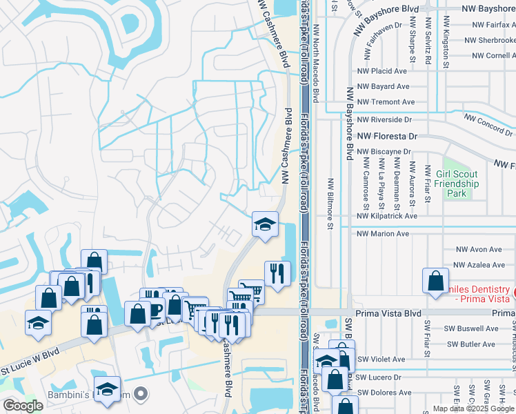 map of restaurants, bars, coffee shops, grocery stores, and more near 501 Northwest Cashmere Boulevard in Port St. Lucie