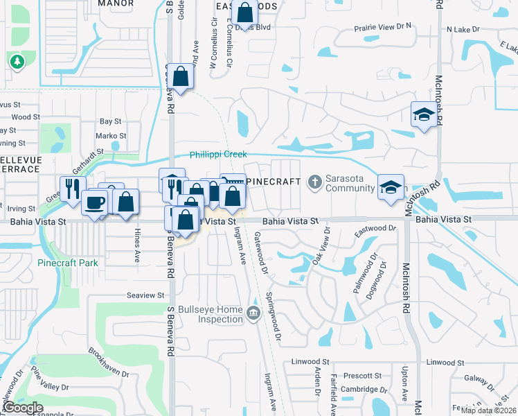 map of restaurants, bars, coffee shops, grocery stores, and more near Circle Drive West in Sarasota