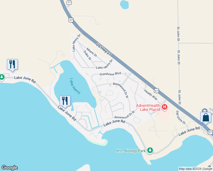map of restaurants, bars, coffee shops, grocery stores, and more near 212 Brentwood Drive North in Lake Placid