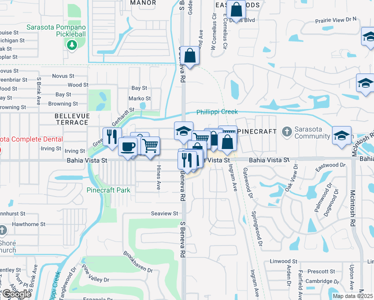map of restaurants, bars, coffee shops, grocery stores, and more near 1105 South Beneva Road in Sarasota