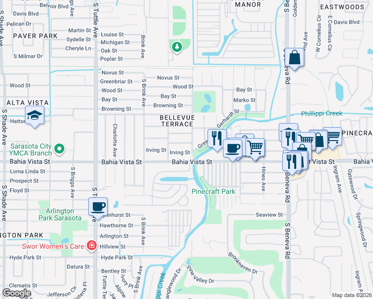 map of restaurants, bars, coffee shops, grocery stores, and more near 3194 Alta Vista Street in Sarasota