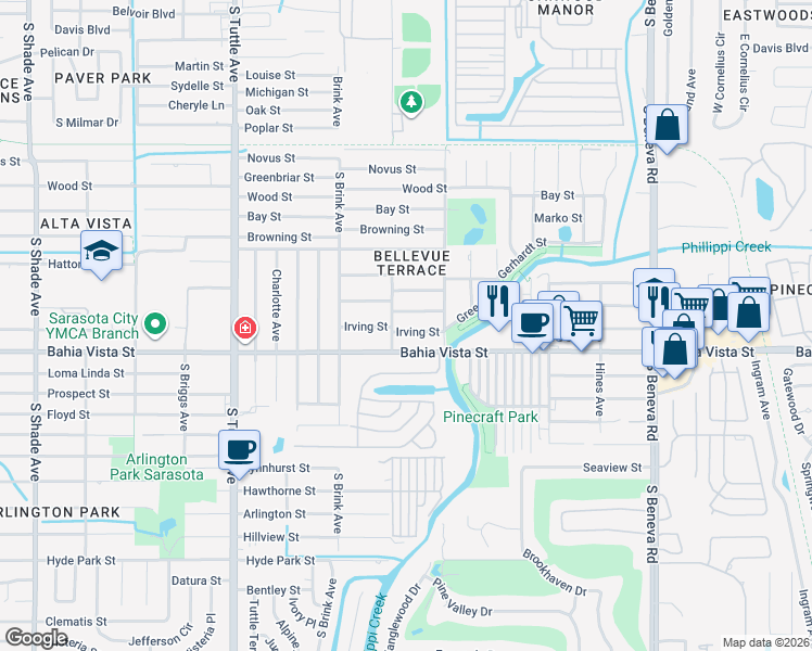 map of restaurants, bars, coffee shops, grocery stores, and more near 3120 Alta Vista Street in Sarasota