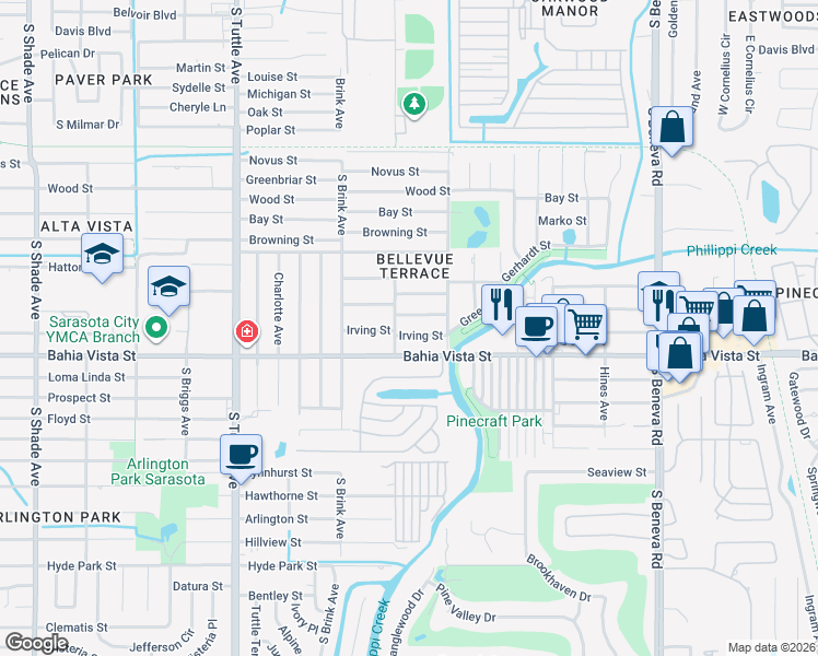 map of restaurants, bars, coffee shops, grocery stores, and more near 3120 Alta Vista Street in Sarasota