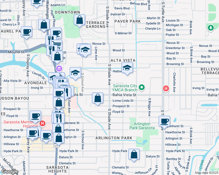 map of restaurants, bars, coffee shops, grocery stores, and more near 2374 Tami Sola Street in Sarasota
