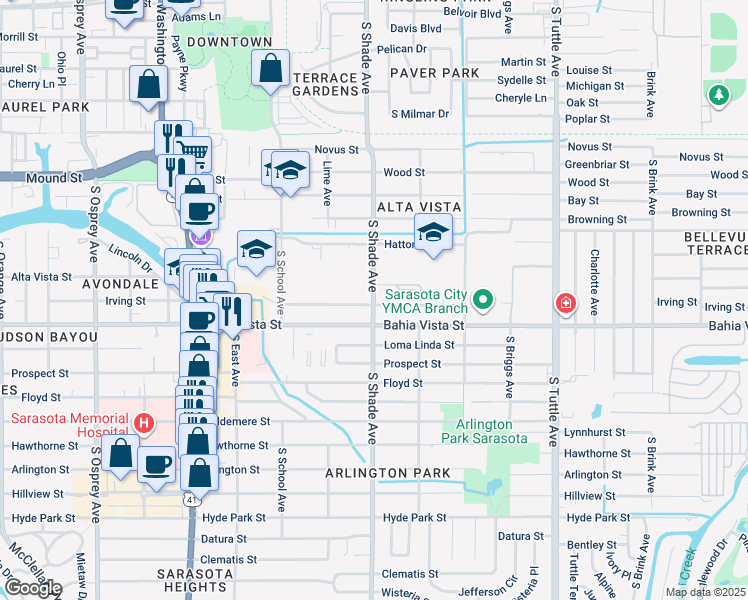 map of restaurants, bars, coffee shops, grocery stores, and more near 1085 South Shade Avenue in Sarasota