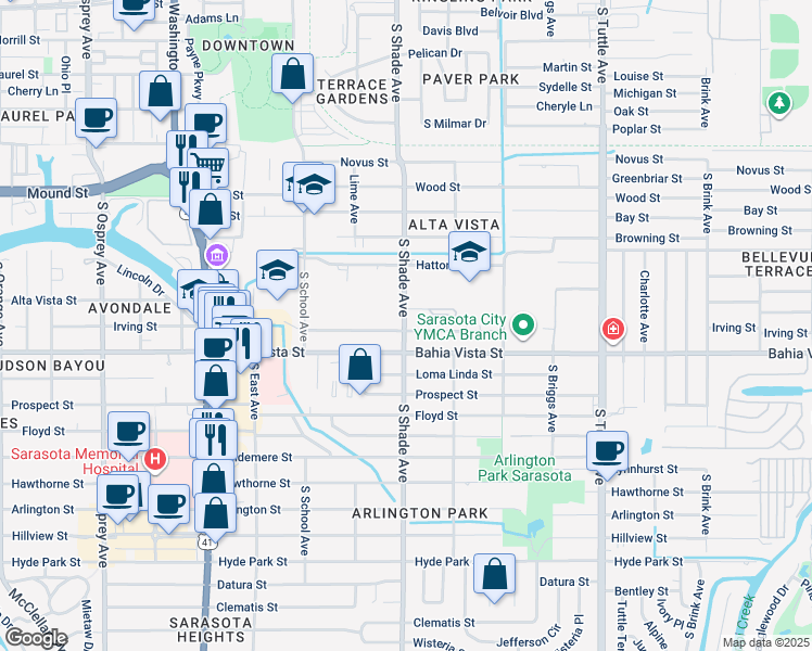map of restaurants, bars, coffee shops, grocery stores, and more near 1085 South Shade Avenue in Sarasota