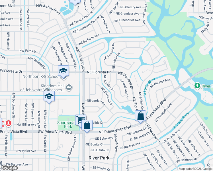 map of restaurants, bars, coffee shops, grocery stores, and more near 322 Northeast Ardsley Drive in Port St. Lucie