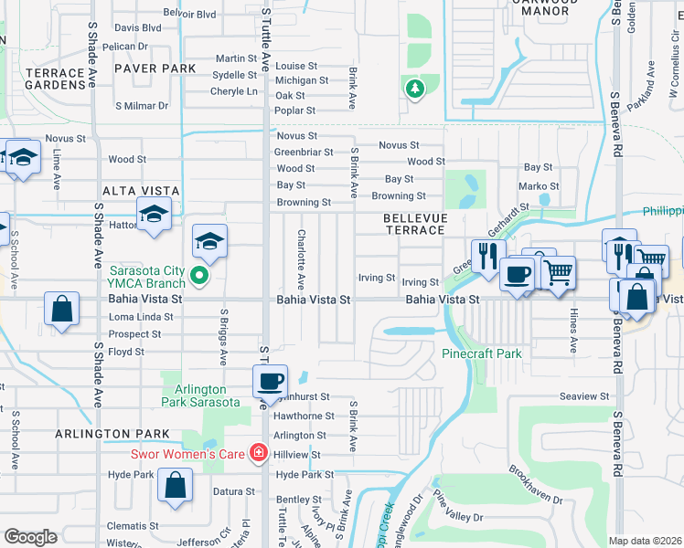 map of restaurants, bars, coffee shops, grocery stores, and more near 1031 Rhodes Avenue in Sarasota