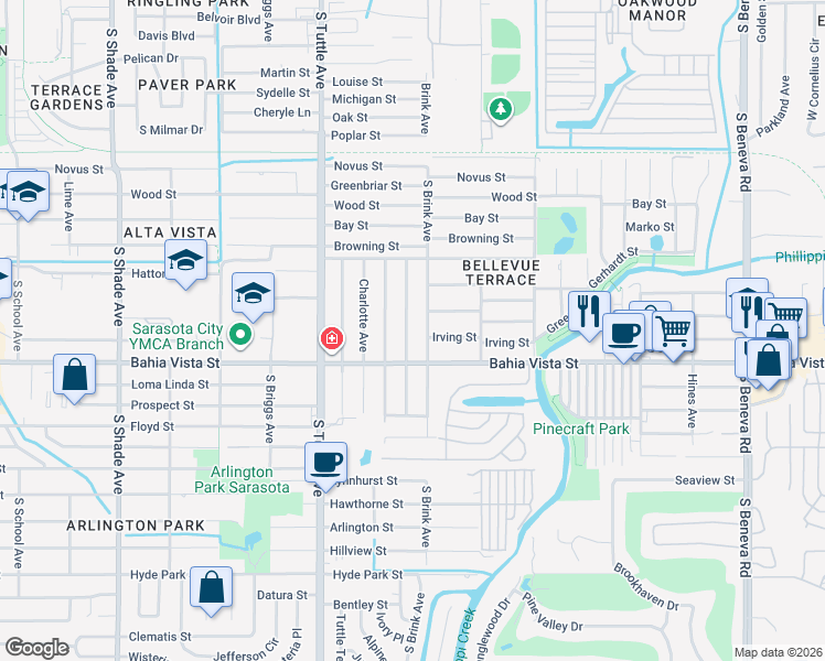 map of restaurants, bars, coffee shops, grocery stores, and more near 1031 Rhodes Avenue in Sarasota