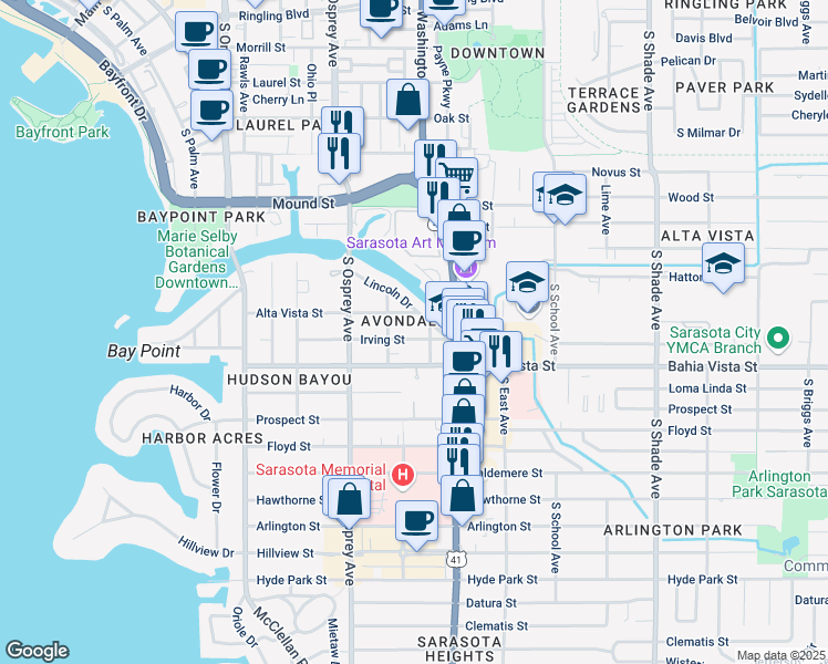 map of restaurants, bars, coffee shops, grocery stores, and more near 1931 Irving Street in Sarasota